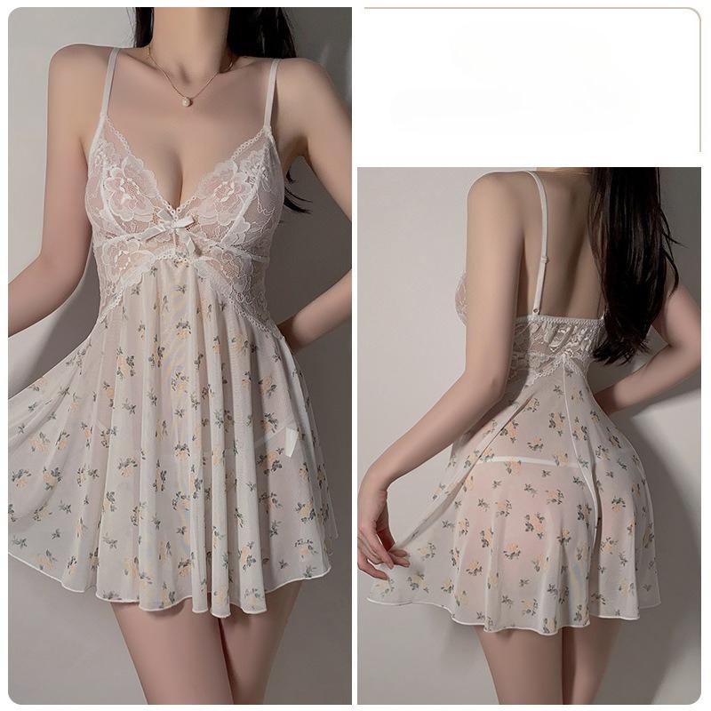 Women’s Floral Mesh Cami Nightdress Set Soft Sweet Sexy Sleepwear with Thong