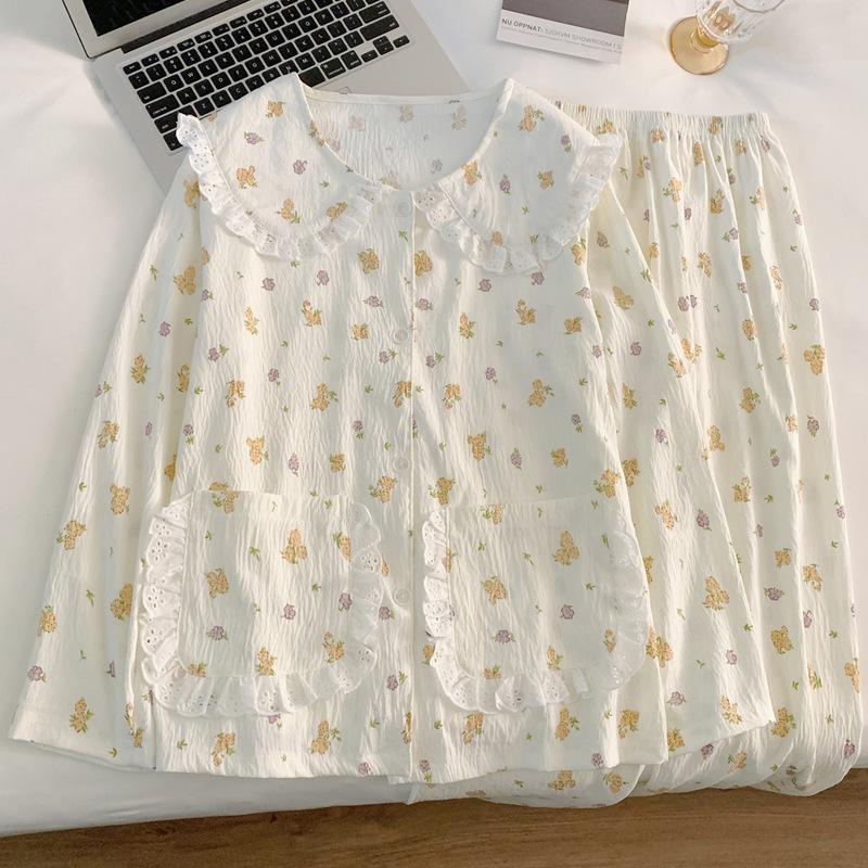 Pastoral Small Floral Pajamas Women'S Spring And Autumn Simple Long-Sleeved Doll Collar Cloud Cotton Loungewear Set