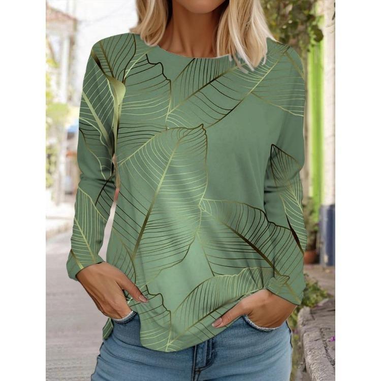 3D Floral Printed Long Sleeve T Shirt Women Fashion Round Neck Top Holiday Weekend