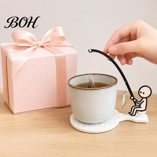 Portable Tea Bag Drip Catcher Fishing Man Holder with Coaster, Cute Stick Figure Minimalist Clip Holder, Funny Desk Cup Catcher, Novelty Accessory for