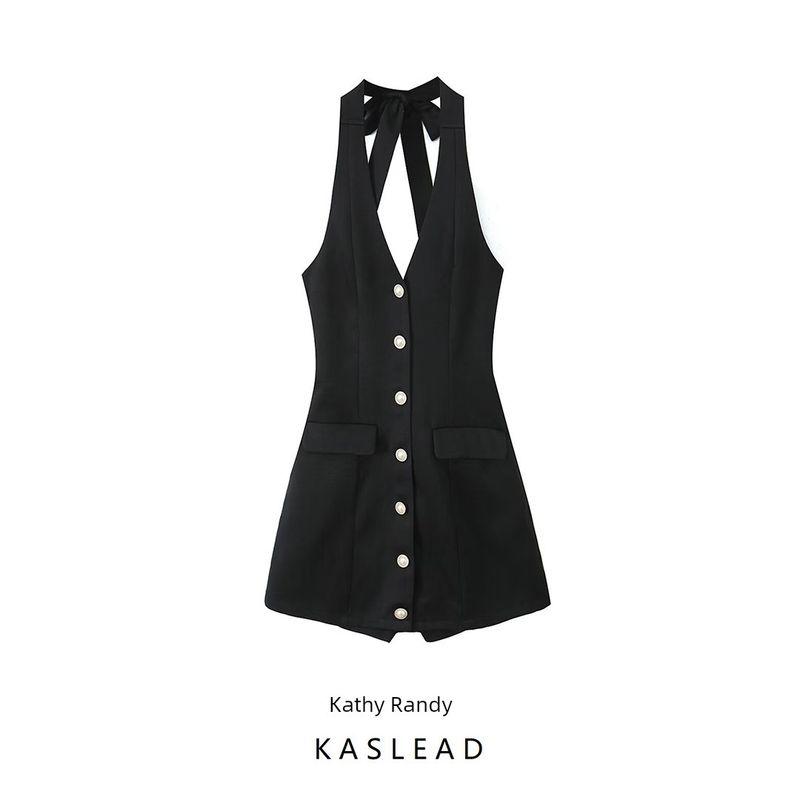 Kaslead New Arrival Women's Clothing Fashion Style Minimalist French Elegant Retro Young Adult Halterneck V-neck Dress