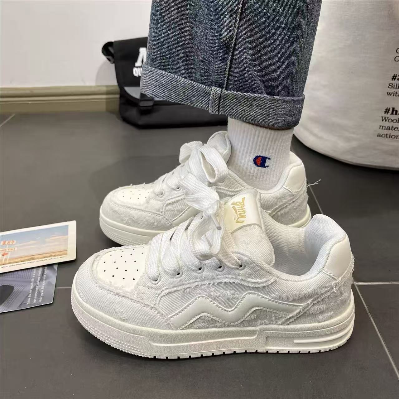 ins student white retro thick-soled heightening casual bread shoes breathable sports board shoes 36