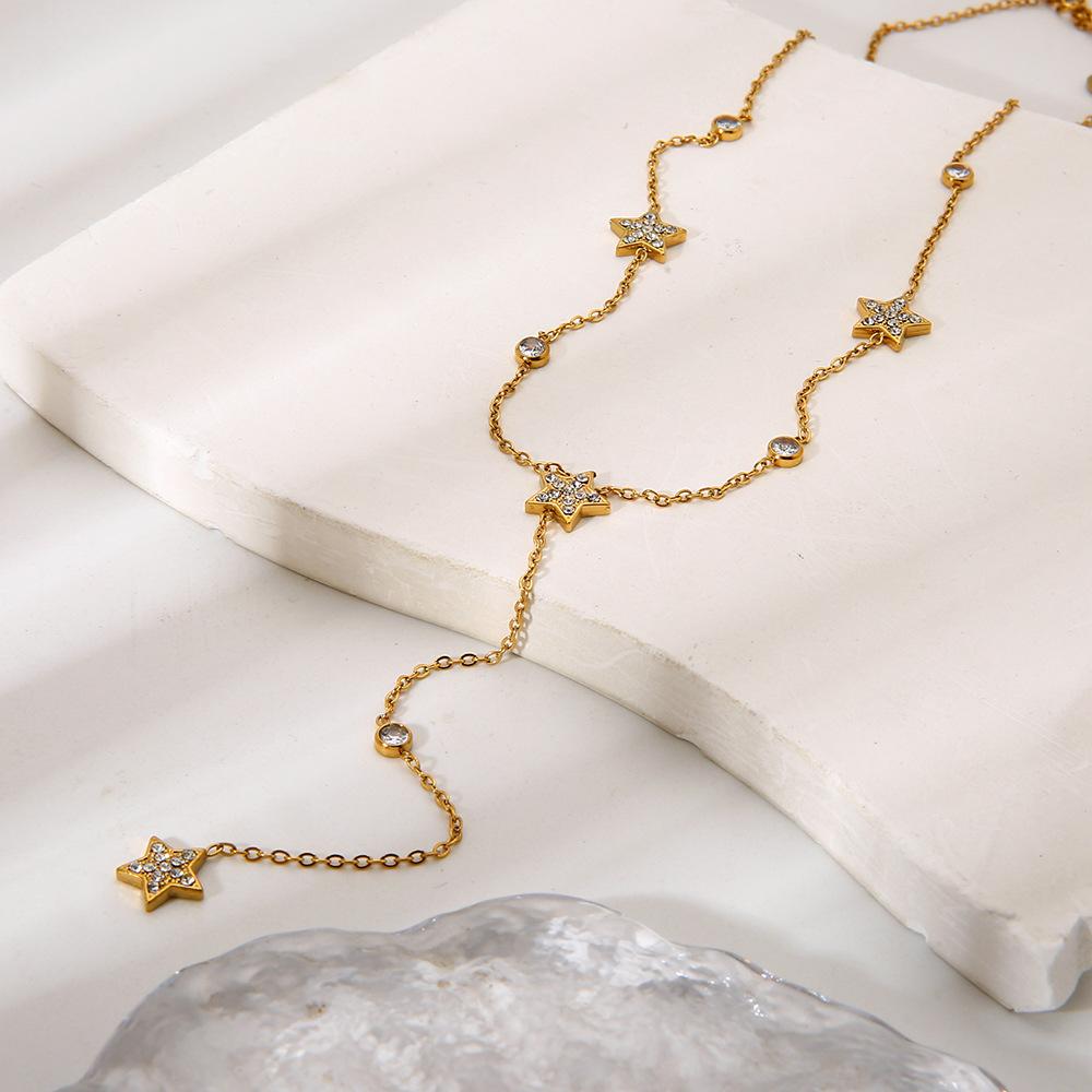 ins light luxury elegant diamond-encrusted pentagram fringed pendant necklace plated with 18k gold stainless steel waterproof collarbone chain