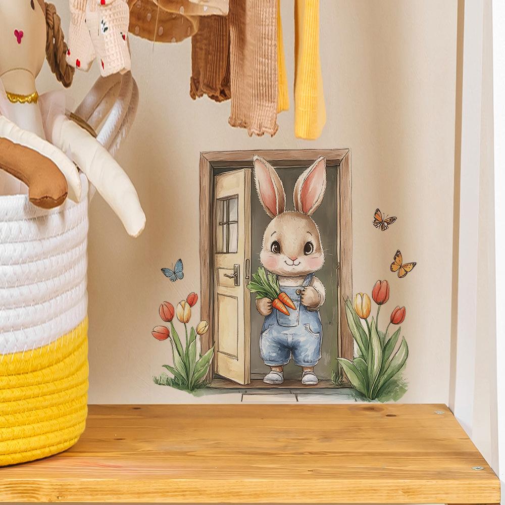 Wooden Door Painting Little Rabbit Butterfly Flower Multi-bedroom Living Room Home Background Beautification Wall Stickers