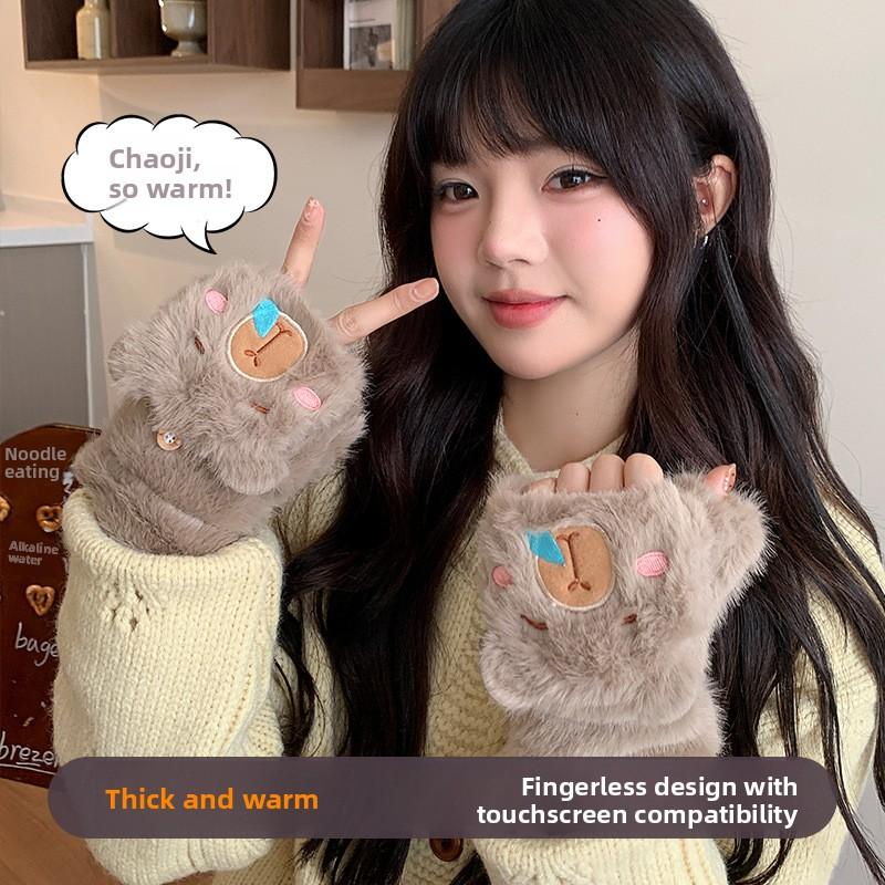 Cute Capybara Plush Gloves Half Finger Flip Cover Fleece Lined Thickened Riding Warm Winter Touchscreen Compatible Student