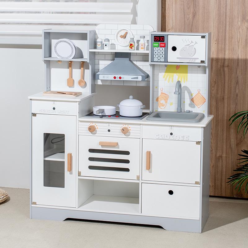 Wooden Playhouse with Water Circulating Fridge, Light & Sound Cooking Stove, Baby Toys Playground