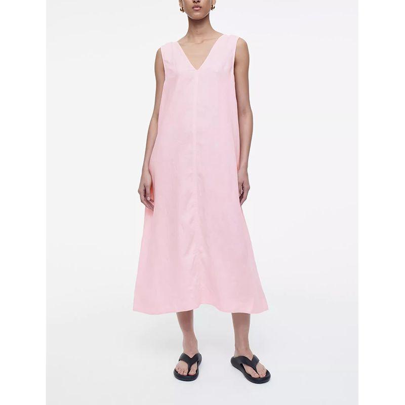 CS Summer Women's Clothing French Style V-neck Design Standard Edition A- line Lace-up Linen Blend Dress 1234843