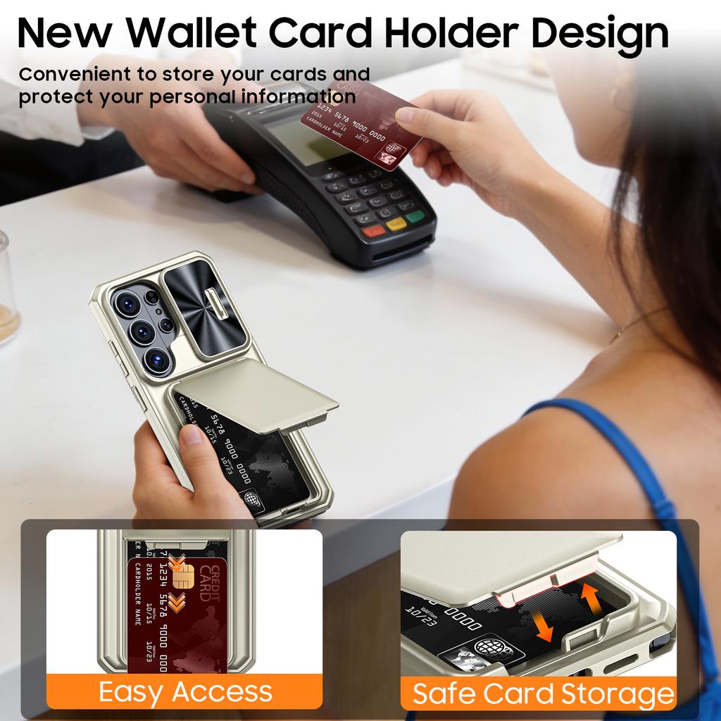 With Card Holder Sliding Camera Cover And Stand For Samsung Galaxy S26 Ultra Phone Case, Anti-Fall PC+TPU Wallet Case-Champagne