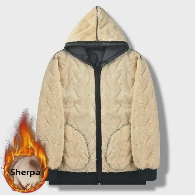 Pánská zimní bunda z jehněčí kůže s kapucí, větruodolná - bavlna, třívrstvá, odolná proti chladu, teplá, ležérní, velká velikost