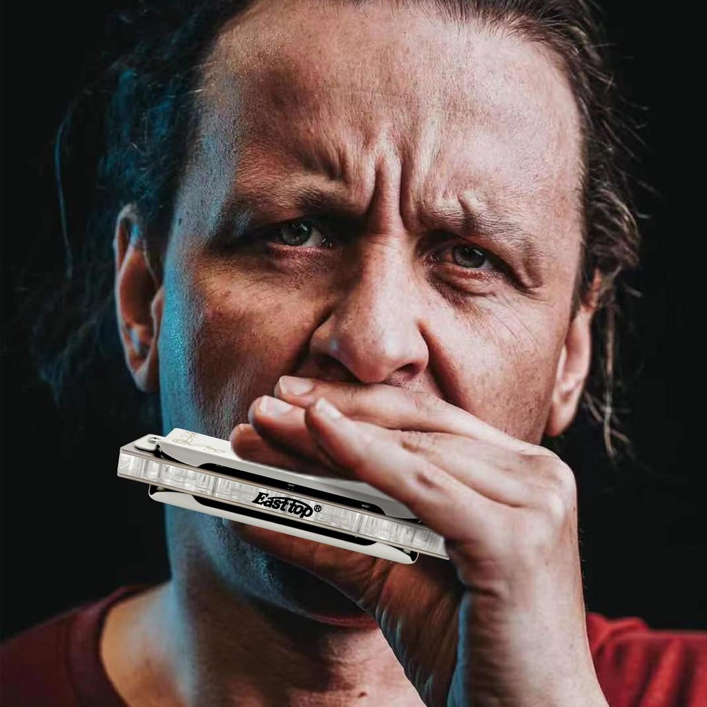 East Top Blues Harmonica In Bb 20 Brass Canvas and Cleaning Professional Diatonic Harmonica 10-Hole Key, Tones, Cover, Case, Cloth, (T008L-Bb-gm)