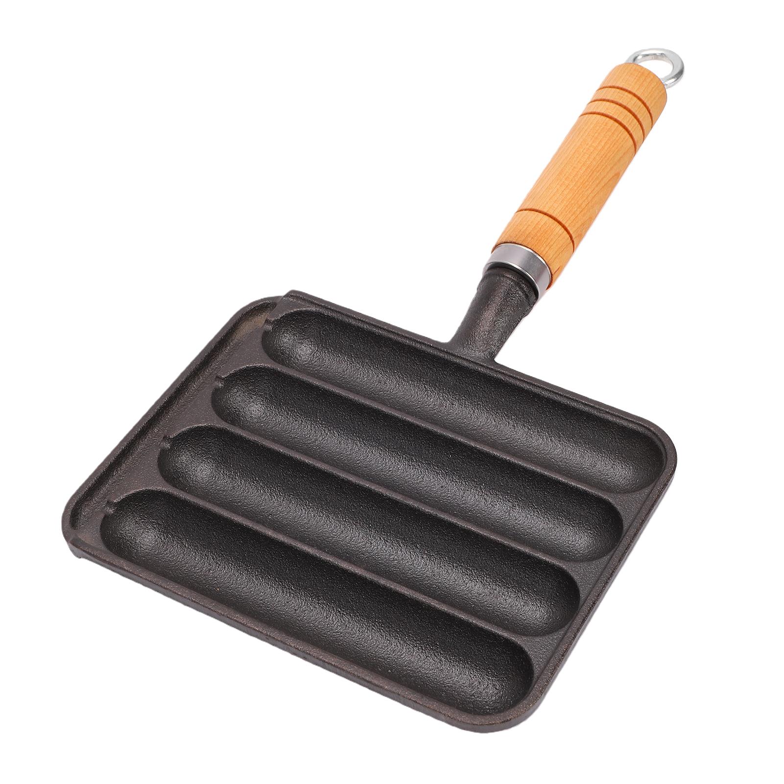 Sausage Grill Pan Cast Iron 4 Slot Sausage Mold Hot Dog Grill Pan with Wooden Handle for Cooking Indoor Outdoor Use L