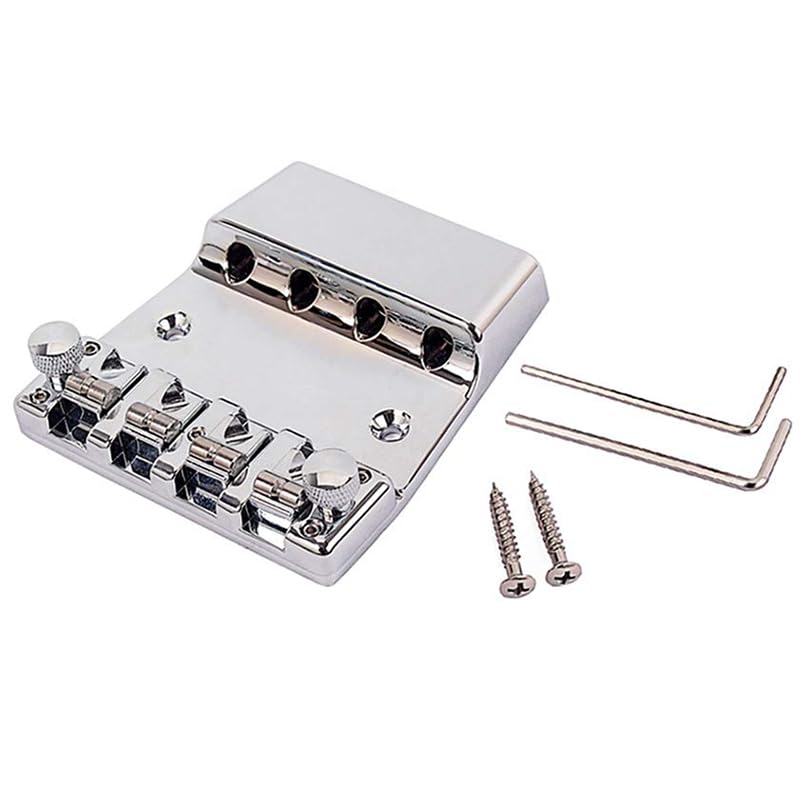 Ogdni Fixed Bass Guitar Bridge with Tool Hardtail Saddle Bridge for Bass Guitar Chrome 4-String Set, Parts,