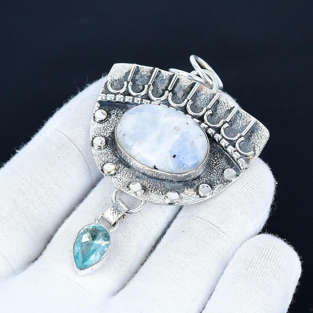 Mondstein Anhänger, 925 Sterling Silber Handgefertigter Schmuck, Blautopas Silberanhänger, Partyschmuck für Damen, Anhänger Jubiläumsgeschenk