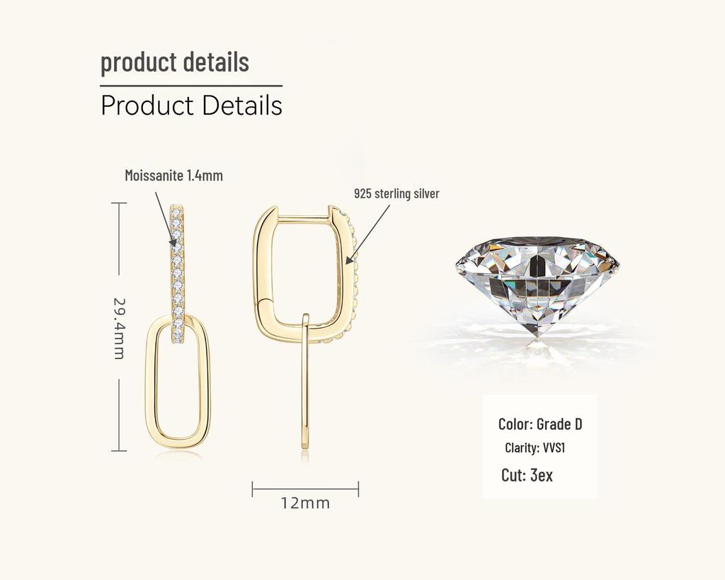 Elegant Moissanite Paperclip Dangle Earrings - Women's Silver Jewelry with Chic, Modern Design