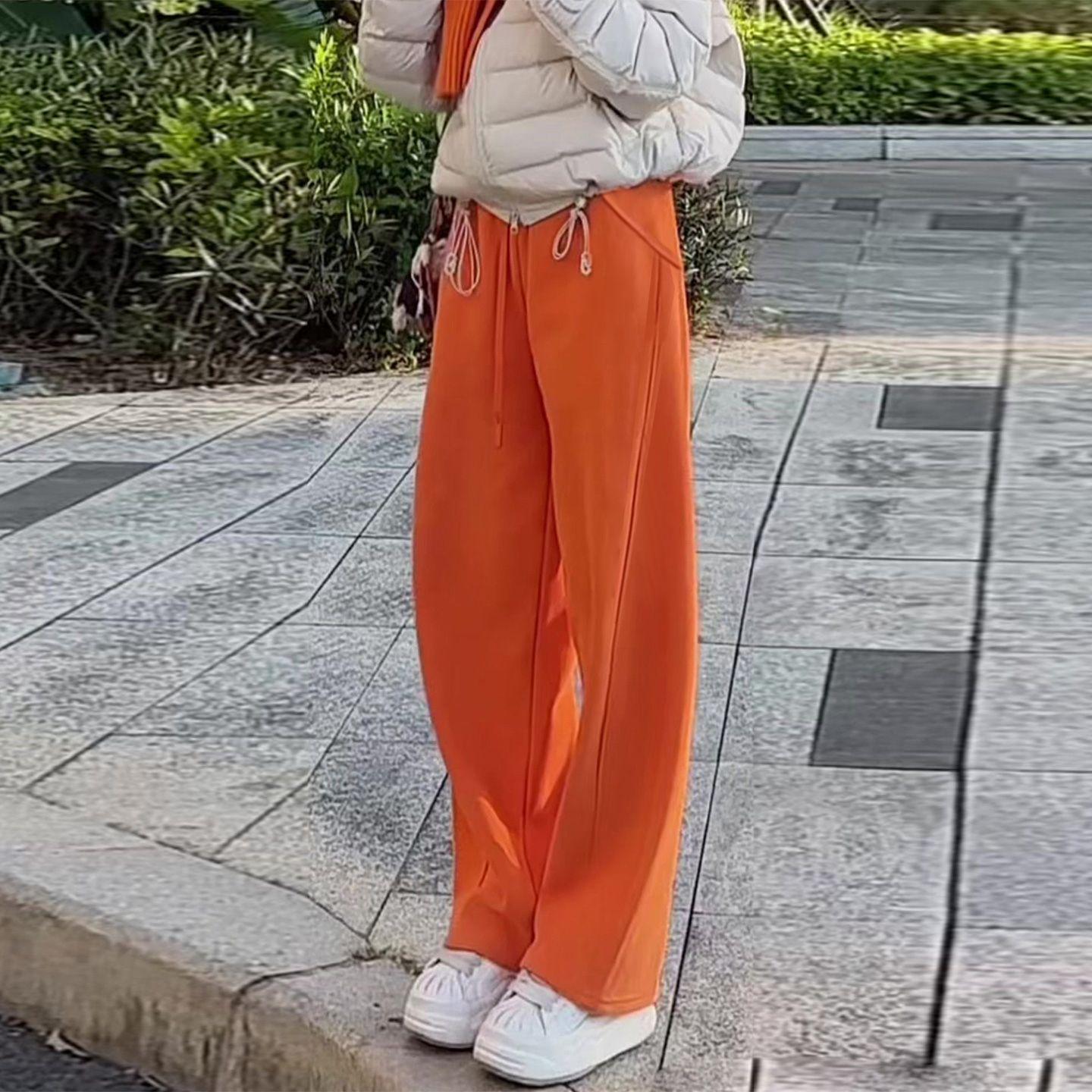 Women s 2025 Winter Plush Orange Wide-Leg Sweatpants with Drawstring 2XL