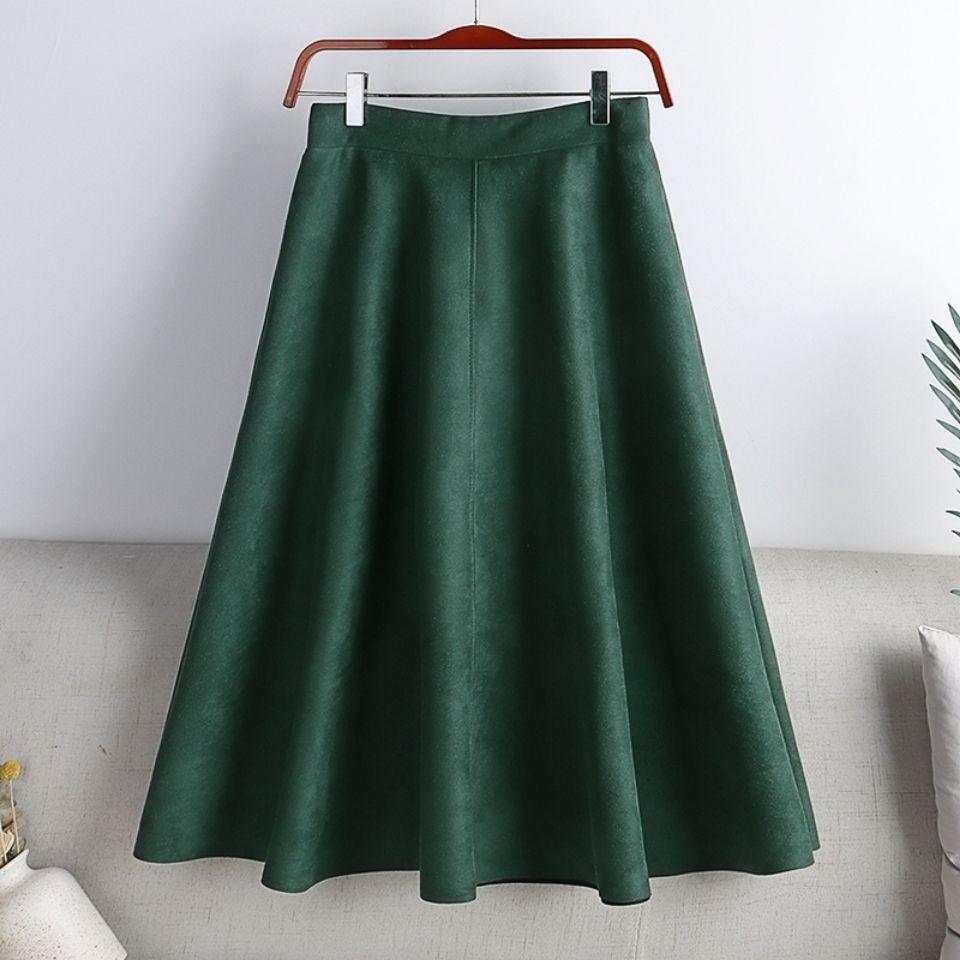 Qooth Women's Suede Fabric Midi Skirt Vintage Flared A-Line Skirt with Wide Hem for Autumn Winter QT2252