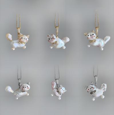 Personalized Pet Necklace Imitation Pearl Cat Pendant Necklace Collarbone Chain Electroplated Gold Color Retention