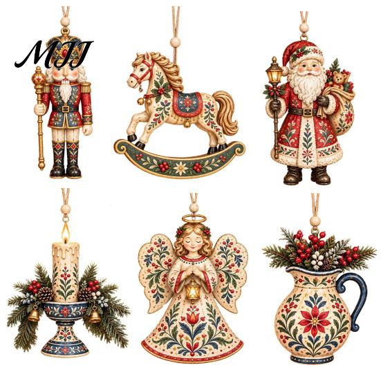 Festive Home Decor Accents Folk Art 2D Ornament, Acrylic Christmas Hanging Decoration, Retro Nutcracker Window Ornaments Angel Santa Rocking