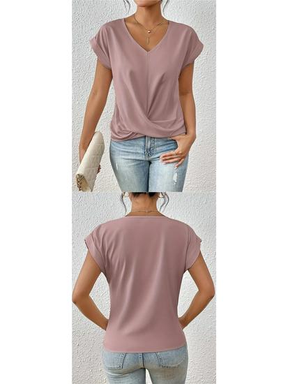 Elegant Solid Color V-neck Short-sleeve T-shirt for Women - Spring/Summer Collection