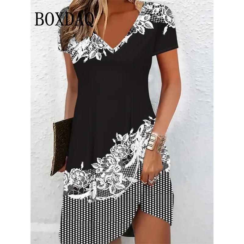 Women's Summer Dresses V Neck Short Sleeve Tie Dye Gradient Printed Women's Dress Casual Streetwear Elegant Fashion Loose Dress