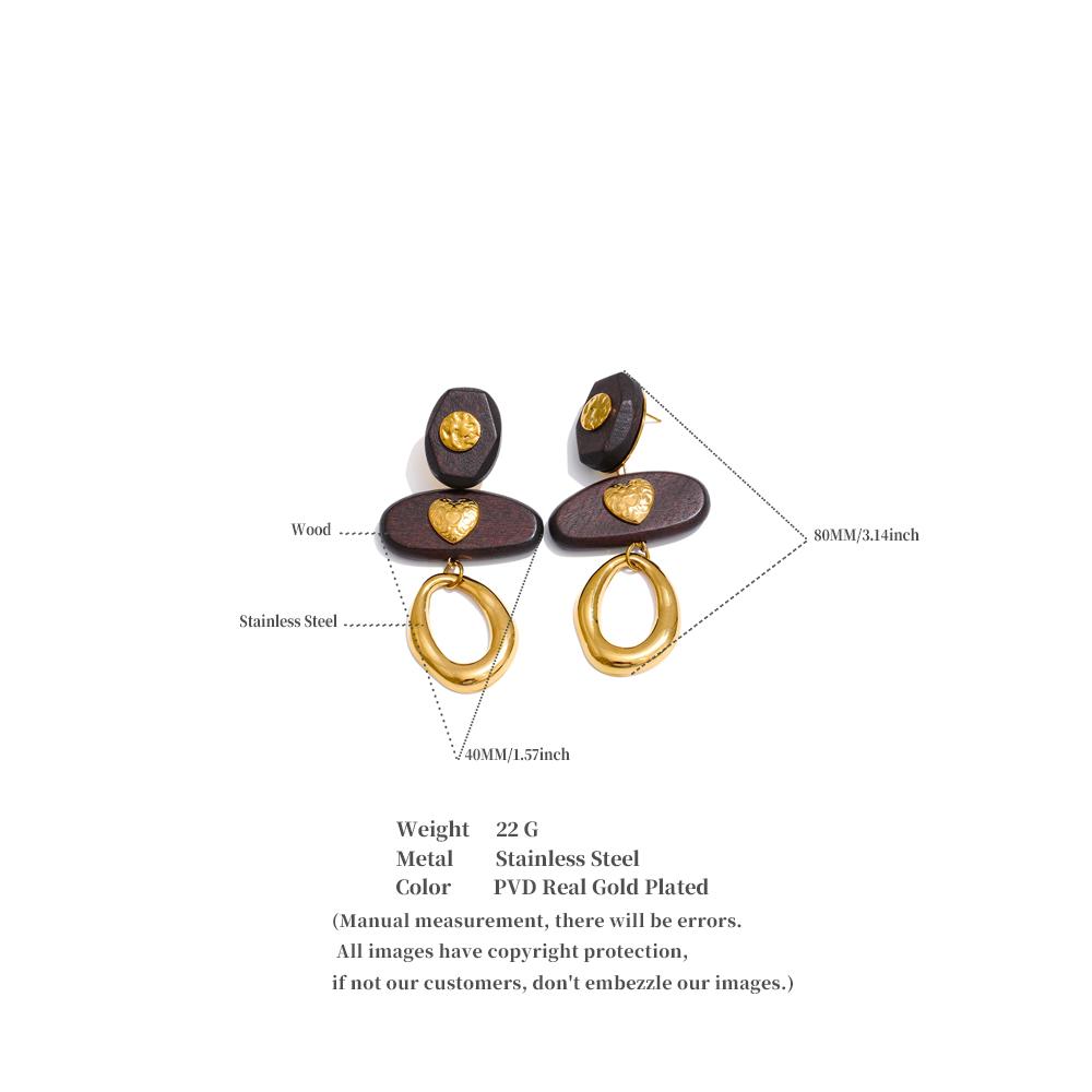 JINYOU 2804 Hot Selling Fashion Jewelry Brown Wood Stainless Steel Gold Plated Heart Hoop Drop Dangle Earrings