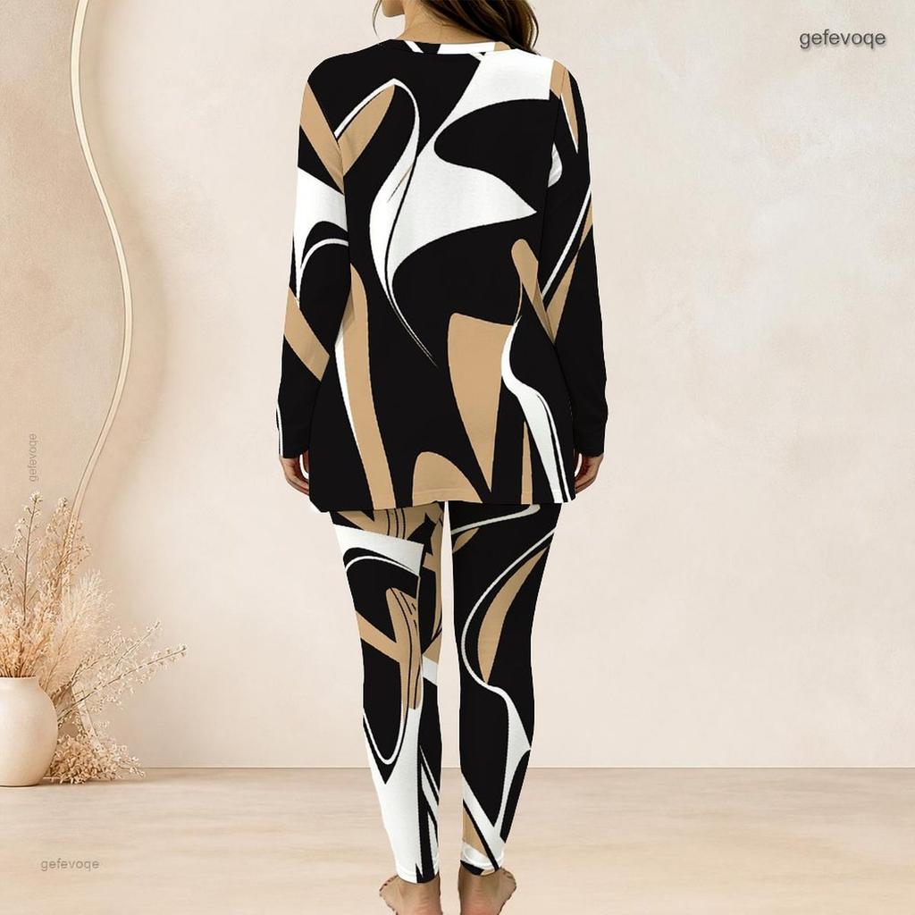 Women Plus Size Printed Round Neck Long Sleeve Top And Fitted Long Pants Two Piece Set