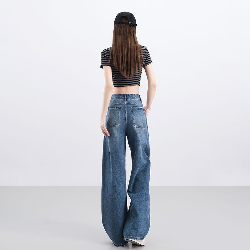 Spring Summer Vintage High Waist Relaxed Floor Drape Saber Cut Trendy Wide Leg Denim Pants Ladies Casual Pants Oversize Denim Trousers