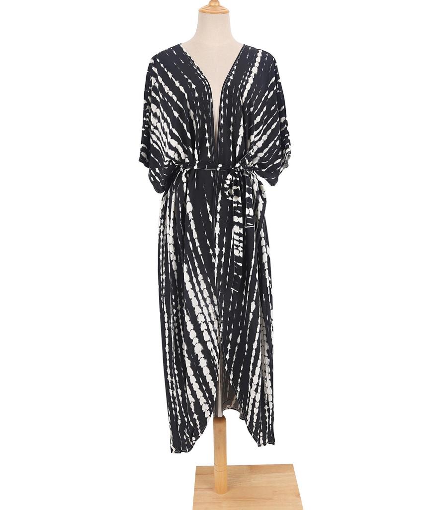 Black & White Tie-Dye Cardigan Beach Dress & Swimsuit Cover-Up