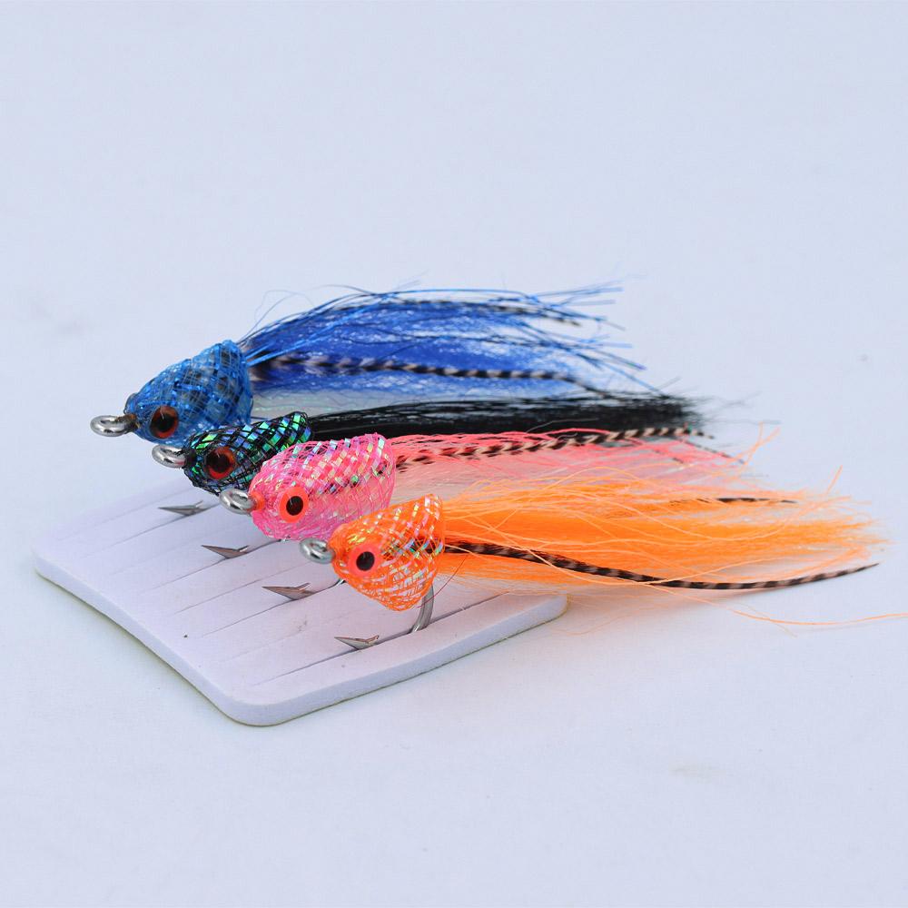 Braided Tube Fish Head Lure – Feather&Flash Fiber Tail, Fast Sinking Reaction Bait for Bass, Trout, Redfish Predators
