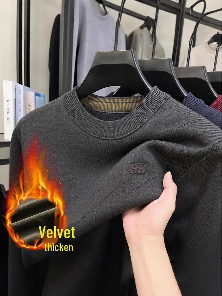 Men's Wool Knit Sweater with Fleece Lining - Thickened, Round Neck, Loose Casual Style, Warm Layer