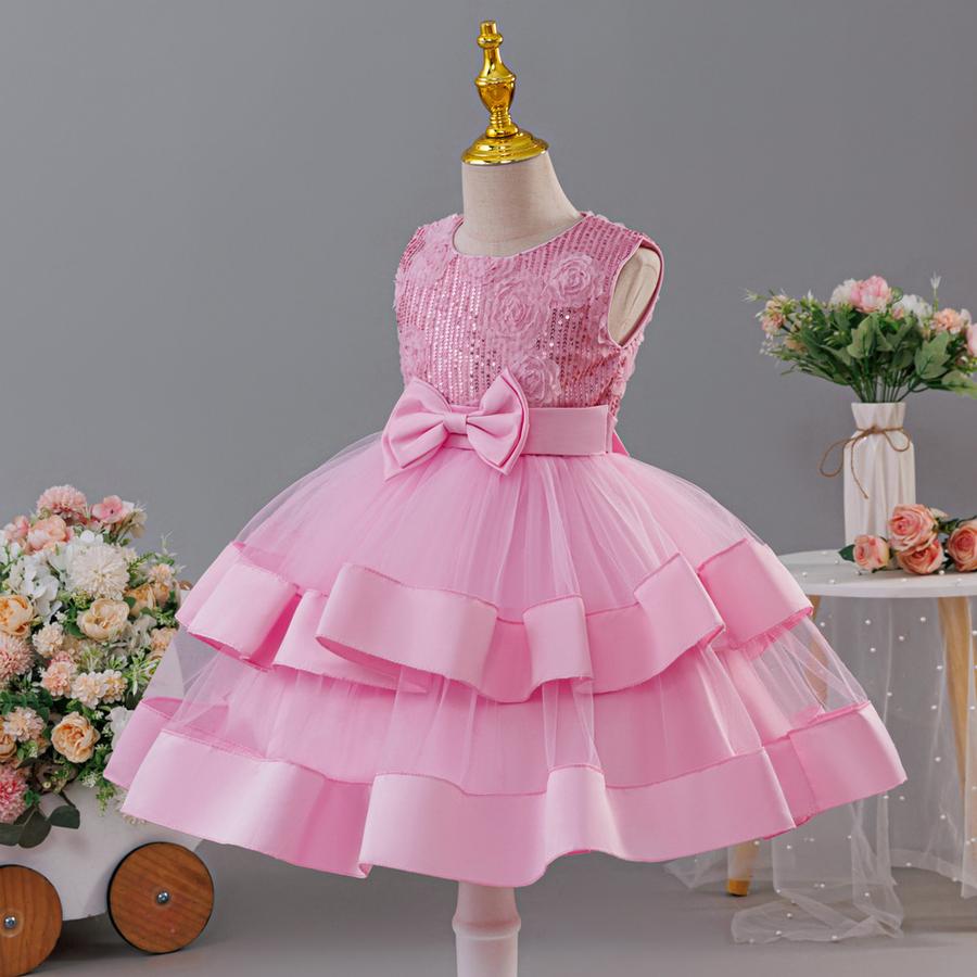 Girls' New Style Double Layer Mesh Lace Bow Party Evening Dress Princess Performance Outfit