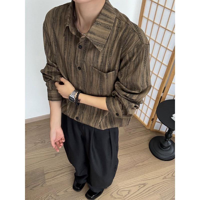 

Mens Spring Autumn New Retro Tie Dye Twill Long Sleeve Shirt Fashion Casual Premium Feel Button Down Shirt S коричневий
