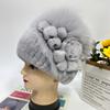 New Style Rex Rabbit Fur Hat Women Winter Knitted Fluffy Outdoor Snow Cap   Floral Striped Female   Fox Fur Warm Beanie
