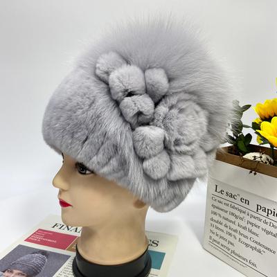 New Style Rex Rabbit Fur Hat Women Winter Knitted Fluffy Outdoor Snow Cap   Floral Striped Female   Fox Fur Warm Beanie