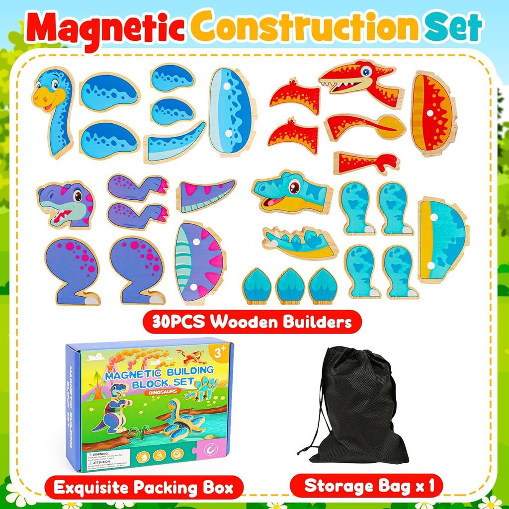 Dinosaur Toys for Kids 3-5,Wooden Magnetic Dino Take Apart Building Blocks Toys for Fine Motor Skills & Creative Play,Easter Basket Stuffers for