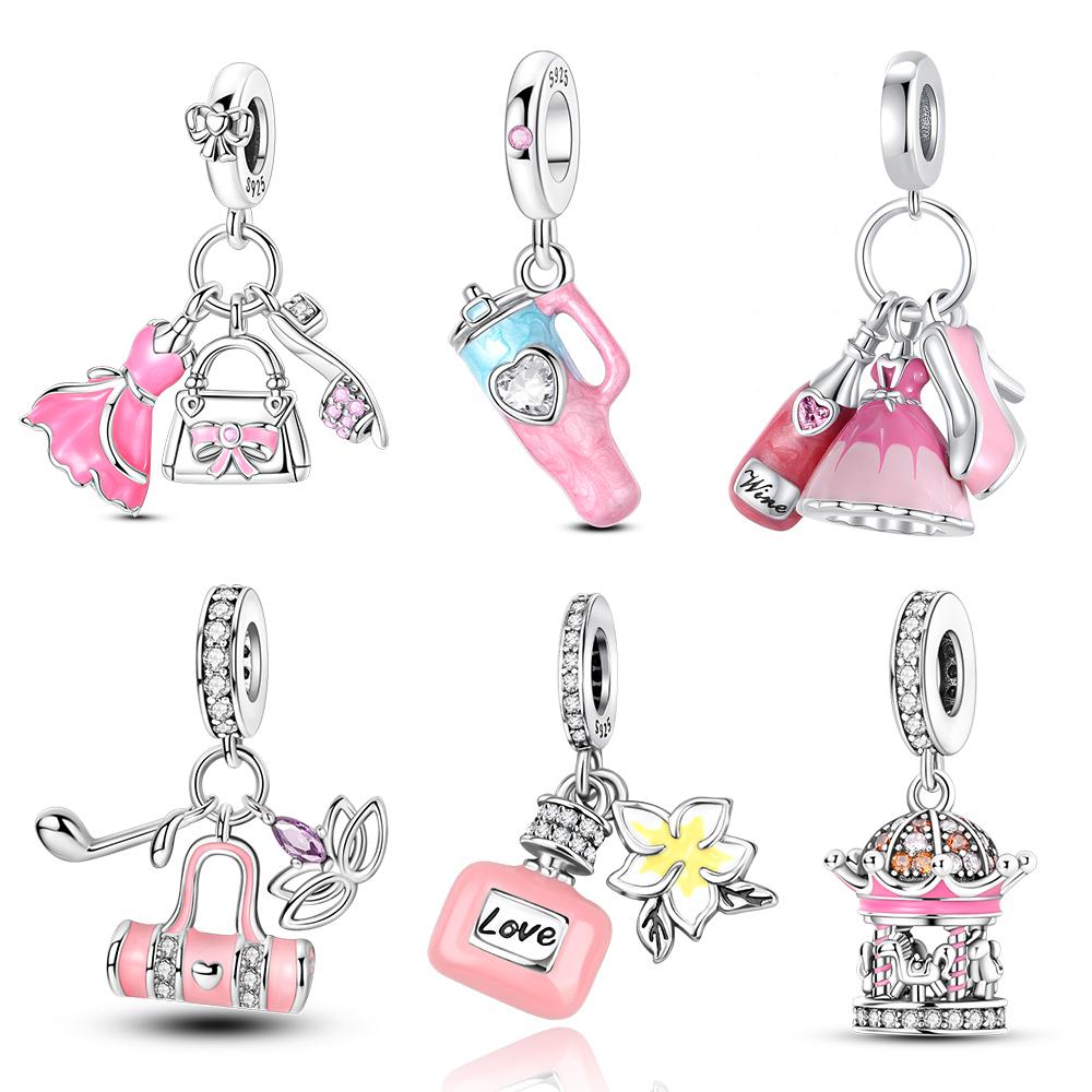 Pink One Copper Princess Dress&Water Cup&Bag&Carousel Dangle Charm Fit Brand Bracelet Girl'S Jewelry