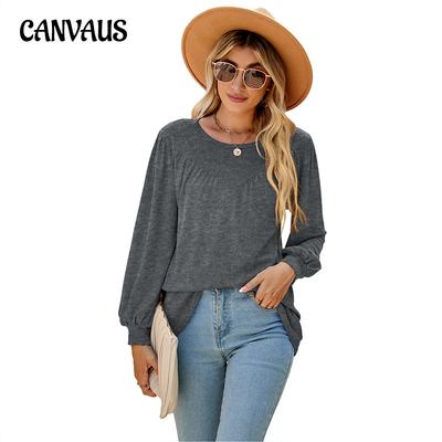 Spring Autumn Women's Blouse Shirt Lantern Sleeves Loose Round Neck Casual Pleated Tops