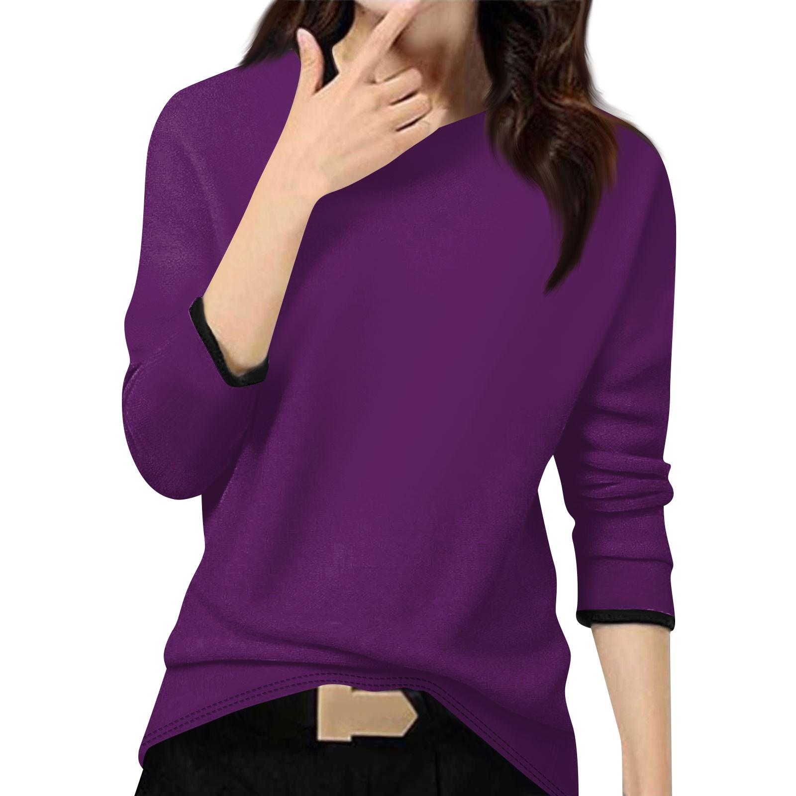 

Жіночий повсякденний модний топ, однотонний пуловер з круглим вирізом і довгими рукавами M фіолетовий