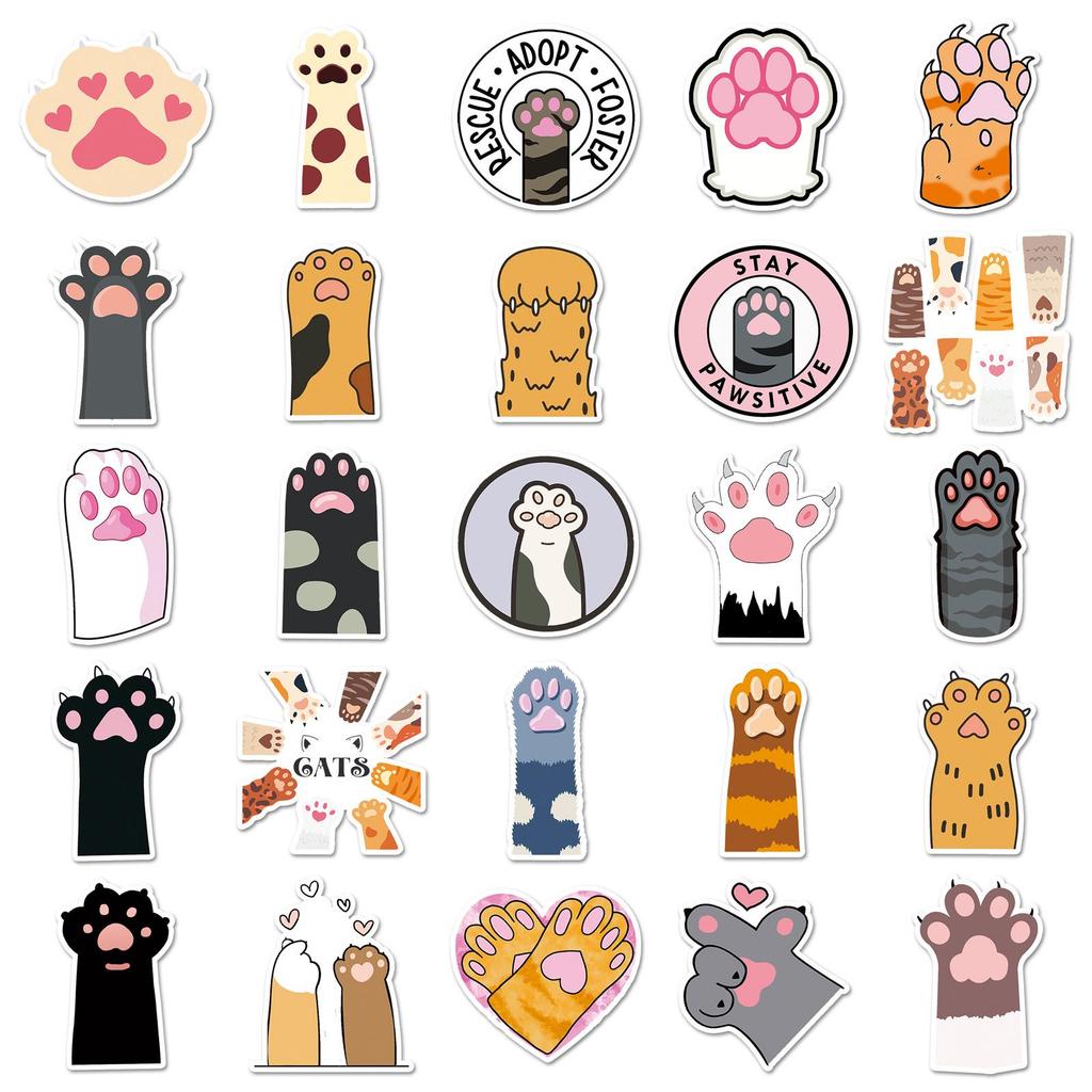 50 Cat Paw Graffiti Stickers - Cute, Waterproof Cartoon Cat Designs for Decorating Phone Cases and Suitcases