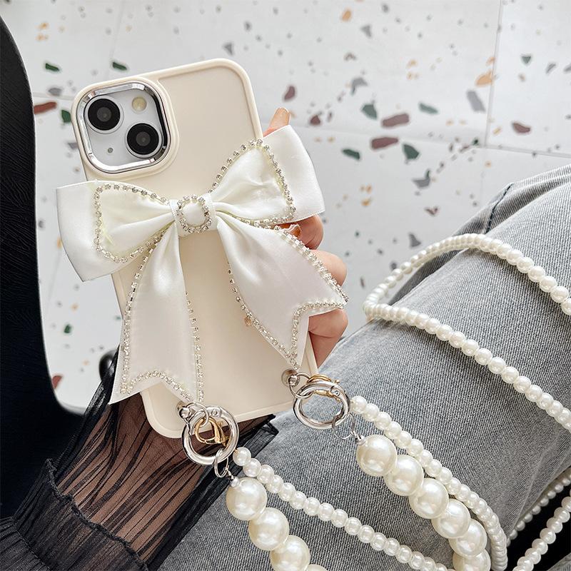 

For Apple 16 Promax Solid Color Silicone Phone Case for IPhone 14 Bow 15 Pearl Hand Chain Cross Body For iPhone 17Promax