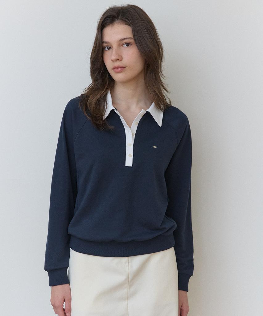 OURHOPE Button Collar Logo Sweatshirt - Navy