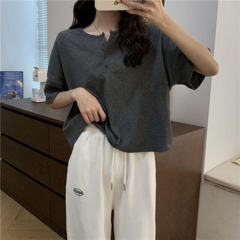 Women's V-neck Pullover Short Sleeve Summer New Casual Knitting Loose Top Solid Color T-shirt