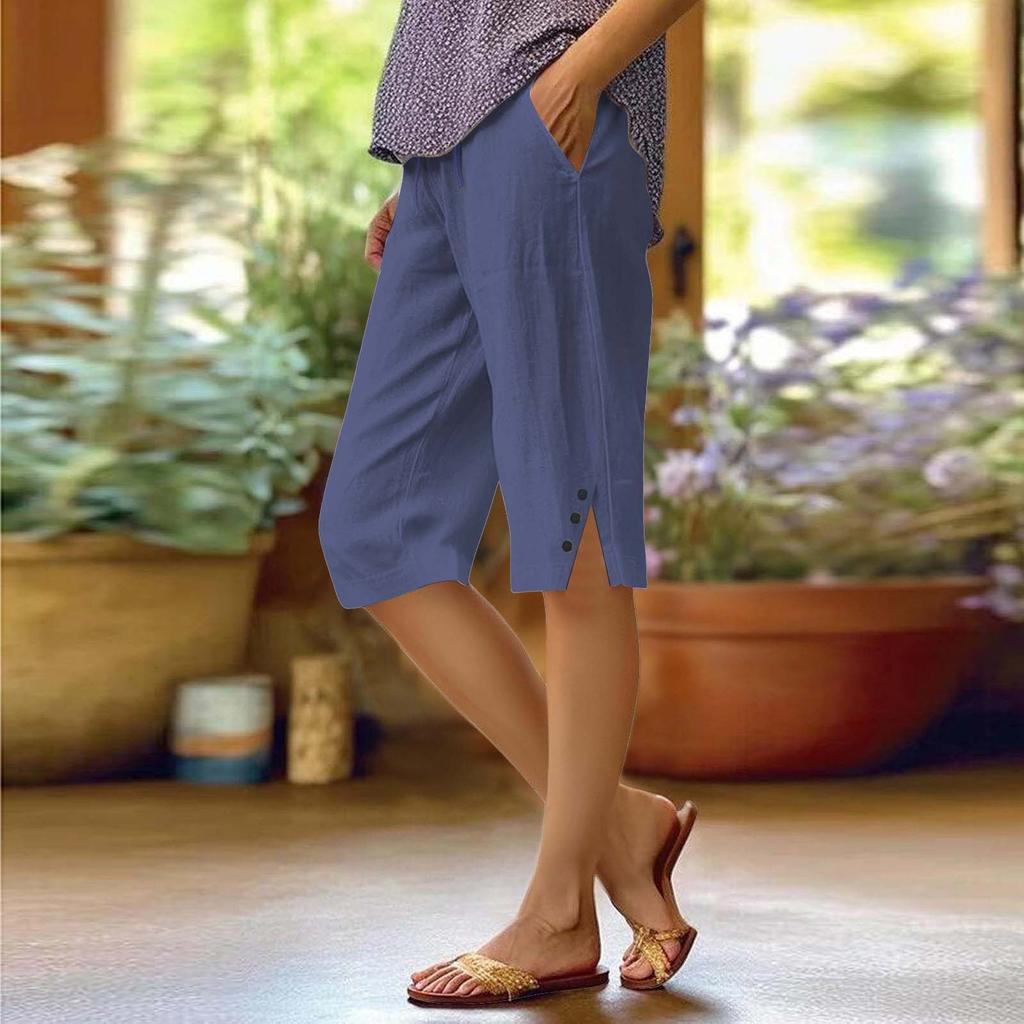 Pants For Women Casual Summer Solid Color Elastic High Waist Cotton And Linen Loose  Pants Drawstring Pocket Mid Leg Pants