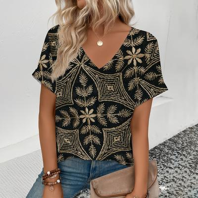 Elegantní dámské tričko s výstřihem do V Módní květinový vzor Populární dámské tričko s potiskem Retro volnočasové dámské tričko s krátkým rukávem