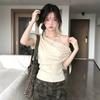 Slant Shoulder Straps Short-sleeved T-shirt Women's Summer Wear Design Off-the-shoulder Tee Irregular Slim Slim-fitting Spice Girl Top