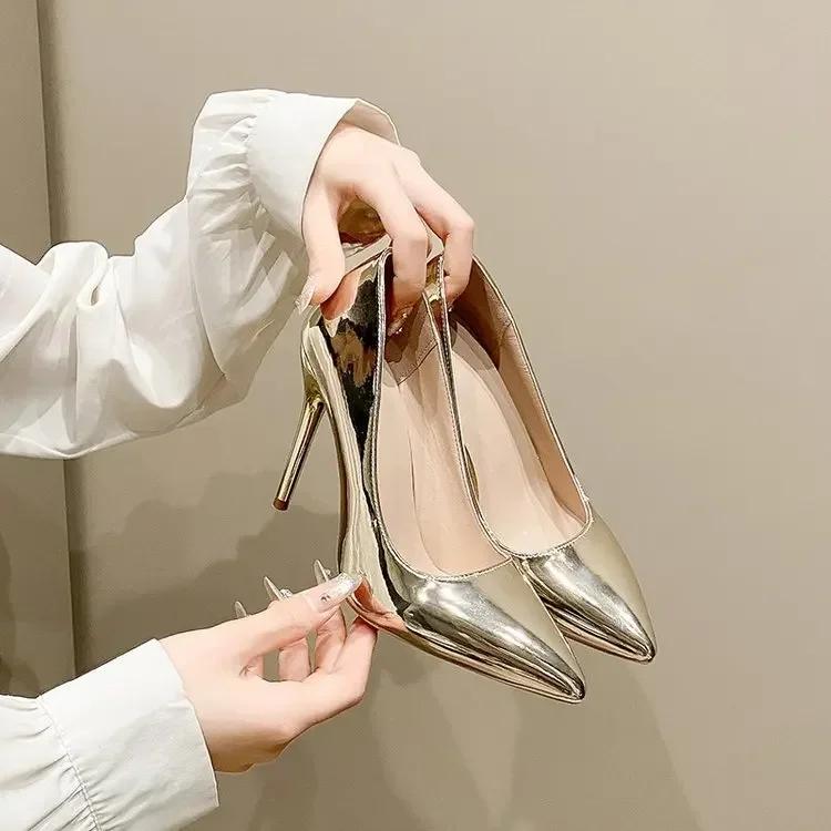 Fashion Hot Selling 2025  Sliver Gold High Heels Shoe Fashion Women Pumps Pointed Toe Slip-on Office Woman Wedding Shoes Large Size 43