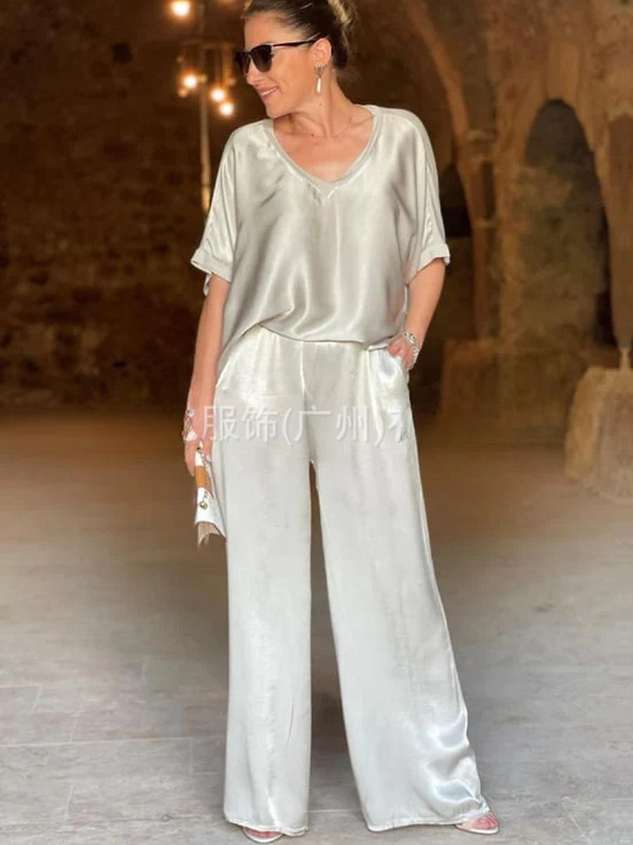 

Women s Two Piece Set Pants Spring/Autumn Satin Loose V-Neck Casual Top Wide Leg Pants Fashion Set XXXL абрикосовий