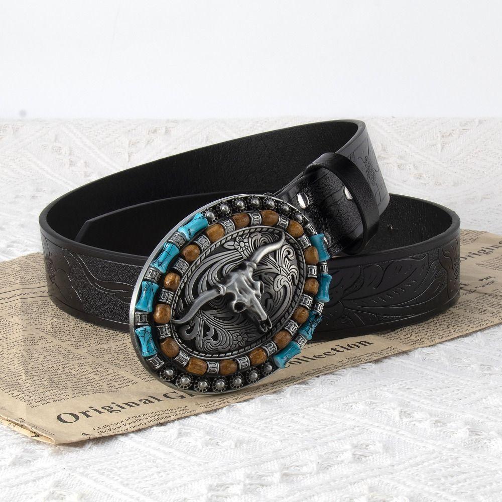Carved Western Cowboy Belt Cow Head Buckle Embossed Belt Luxury Waistband  For Man Women