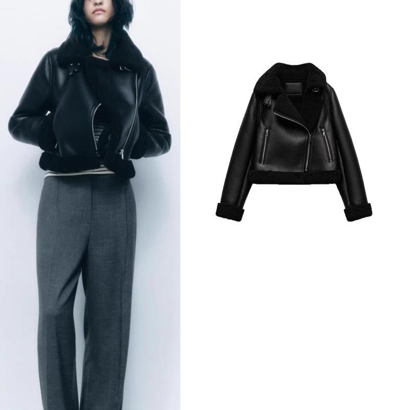 Fall and Winter New Women's Clothing Lapel Long Sleeves Fur Integrated Double-Sided Poly Urethane Leather Jacket Outwear 8741267