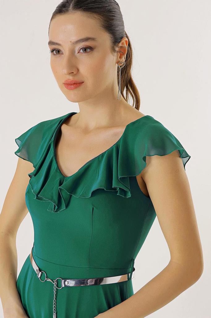 Yakası Volanlı Beli Kemerli Astarlı Uzun Şifon Elbise